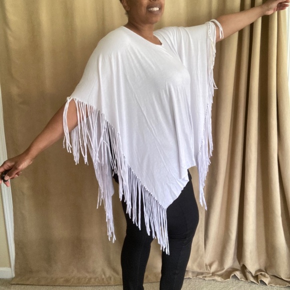 Fringe Poncho, White, size 1X - Picture 6 of 7